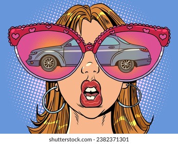 A tempting offer in a car dealership. Huge glasses and reflection in them. A woman with glasses looks at the car.