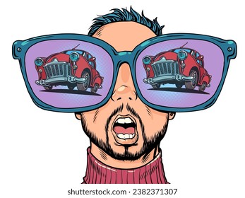 A tempting offer in a car dealership. Huge glasses and reflection in them. A man with glasses looks at a rare car.