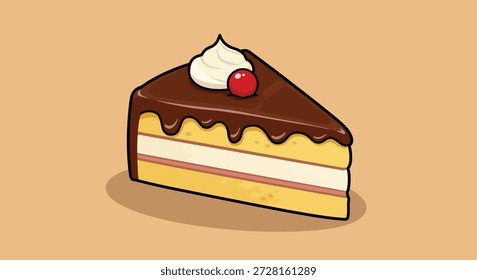 Una tentadora rebanada de pastel de chocolate con capas de esponja, crema y glaseado, cubierta con crema batida y una cereza roja brillante.