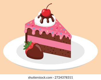 Tentadora rebanada de pastel de chocolate con glaseado rosa, chispas de colores, una cucharada de crema batida, chispa de chocolate y una cereza en la parte superior, servido con una fresa mojada de chocolate en un plato blanco