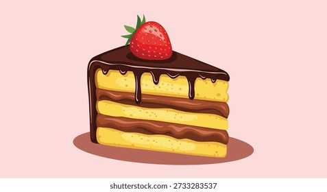 A tempting slice of yellow cake with rich chocolate frosting layers and a fresh strawberry on top, drizzled with chocolate sauce.