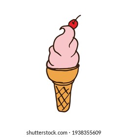 Tempting Strawberry Gelato: Indulge in the sweetness of this vector illustration featuring a strawberry-flavored ice cream cone with cherry topping. Perfect for enticing and delicious designs