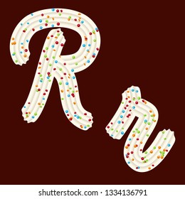 Tempting typography. Font design. Icing letter. Sweet 3D letter R of the whipped cream and candy. Vector