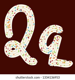 Tempting typography. Font design. Icing letter. Sweet 3D letter Q of the whipped cream and candy. Vector