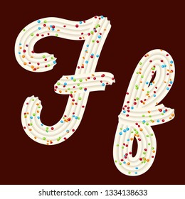 Tempting typography. Font design. Icing letter. Sweet 3D letter F of the whipped cream and candy. Vector
