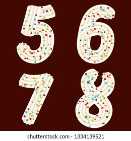 Tempting typography. Font design. Icing letter. Sweet 3D numbers five, six, seven, eight  of the whipped cream and candy. Vector