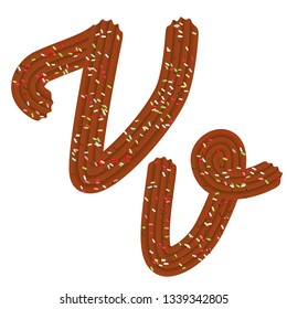 Tempting typography. Font design. Icing letter. Sweet 3D letter  V of the chocolate cream and candy. Vector
