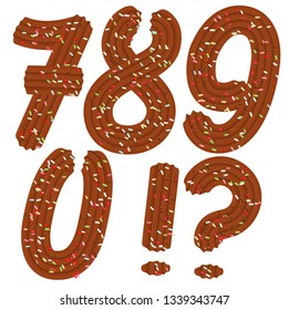 Tempting typography. Font design. Icing letter. Sweet 3D numbers 7.8.9.0 and punctuation  marks of the chocolate cream and candy. Vector
