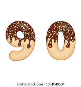 Tempting typography. Font design. Icing letter. Sweet 3D donut numbers nine and zero, glazed with chocolate cream and candy. Vector