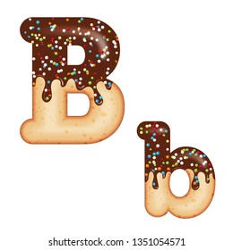 Tempting typography. Font design. Icing letter. Sweet 3D donut  letter B glazed with chocolate cream and candy. Vector