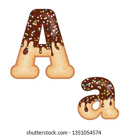 Tempting typography. Font design. Icing letter. Sweet 3D donut  letter A glazed with chocolate cream and candy. Vector
