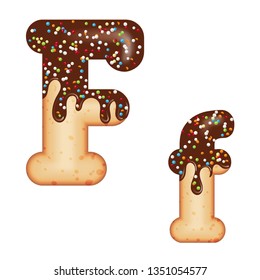 Tempting typography. Font design. Icing letter. Sweet 3D donut  letter F glazed with chocolate cream and candy. Vector