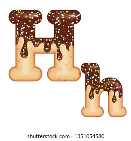Tempting typography. Font design. Icing letter. Sweet 3D donut  letter H glazed with chocolate cream and candy. Vector