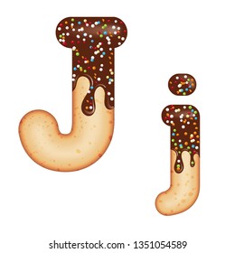 Tempting typography. Font design. Icing letter. Sweet 3D donut  letter J glazed with chocolate cream and candy. Vector