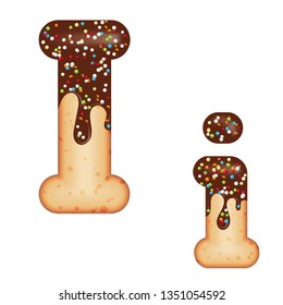 Tempting typography. Font design. Icing letter. Sweet 3D donut  letter I glazed with chocolate cream and candy. Vector