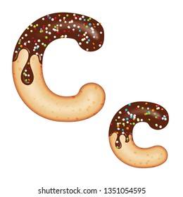 Tempting typography. Font design. Icing letter. Sweet 3D donut  letter C glazed with chocolate cream and candy. Vector