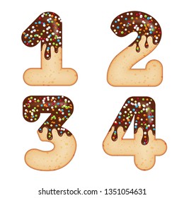 Tempting typography. Font design. Icing letter. Sweet 3D donut numbers one, two, three, four, glazed with chocolate cream and candy. Vector