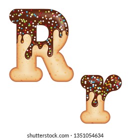 Tempting typography. Font design. Icing letter. Sweet 3D donut  letter R glazed with chocolate cream and candy. Vector