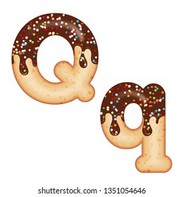 Tempting typography. Font design. Icing letter. Sweet 3D donut  letter Q glazed with chocolate cream and candy. Vector