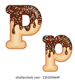 Tempting typography. Font design. Icing letter. Sweet 3D donut  letter P glazed with chocolate cream and candy. Vector