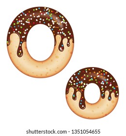 Tempting typography. Font design. Icing letter. Sweet 3D donut  letter O glazed with chocolate cream and candy. Vector
