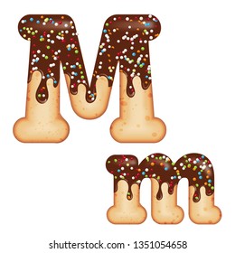 Tempting typography. Font design. Icing letter. Sweet 3D donut  letter M glazed with chocolate cream and candy. Vector