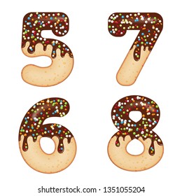 Tempting typography. Font design. Icing letter. Sweet 3D donut numbers five, six, seven, eight, glazed with chocolate cream and candy. Vector
