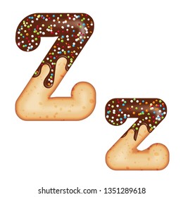 Tempting typography. Font design. Icing letter. Sweet 3D donut  letter Z glazed with chocolate cream and candy. Vector