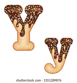 Tempting typography. Font design. Icing letter. Sweet 3D donut  letter Y glazed with chocolate cream and candy. Vector