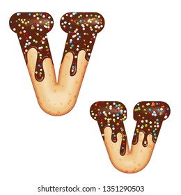 Tempting typography. Font design. Icing letter. Sweet 3D donut  letter V glazed with chocolate cream and candy. Vector