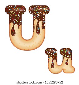 Tempting typography. Font design. Icing letter. Sweet 3D donut  letter U glazed with chocolate cream and candy. Vector