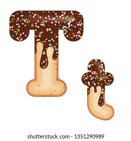 Tempting typography. Font design. Icing letter. Sweet 3D donut  letter T glazed with chocolate cream and candy. Vector