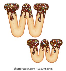 Tempting typography. Font design. Icing letter. Sweet 3D donut  letter W glazed with chocolate cream and candy. Vector