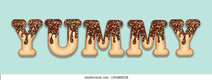 Tempting  typography. Icing text. Word  "yammy" glazed with chocolate and candy. Donut letters. Vector