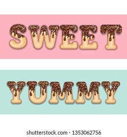 Tempting  typography. Icing text. Words "sweet" and "yummy" glazed with chocolate and candy. Donut letters. Collection items. Vector