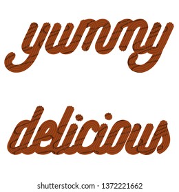 Tempting  typography. Icing text. Words "delicious" and "yummy" from chocolate cream glazed. Vector