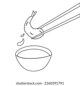 tempura in the chopsticks and soy sauce. Asian cuisine. Vector cartoon flat doodle illustration isolated on white background.