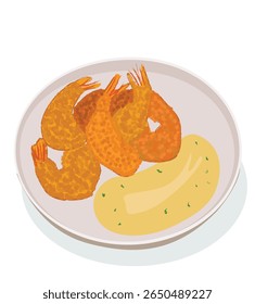 Tempura. Delicioso camarão frito Tempura com molho no prato. 