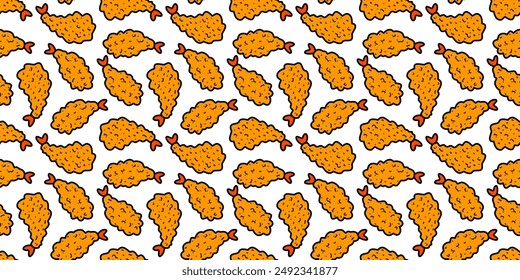 tempura fried shrimp seamless pattern. crispy shrimp tempura pattern background. Doodle Tempura Shrimp Pattern Background. fried shrimp pattern. 