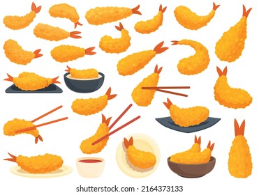 Tempura-Symbole setzen Cartoon-Vektorgrafik. Garnelen für Appetitzügler. Frittiertiefe