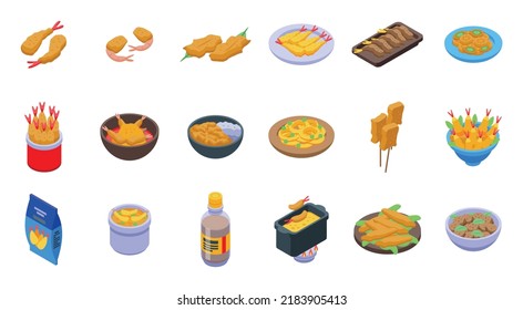 Tempura Icons Set Isometric Vector. Shrimp Appetizer. Fried Deep