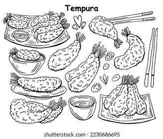 Tempura icons set outline vector. Appetizer shrimp. Fried deep