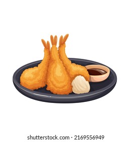 Tempura Japanese food, crispy deep fried dish with prawn vector illustration. Cartoon isolated tasty hot Asian snack with seafood in crumbs, shrimp tempura with sauce on plate of Japan restaurant