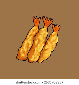 Tempura japanese food vector illustration, Three pieces of japanese tempura in simple shading with textured hand drawn look