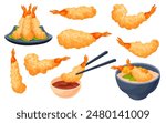 Tempura. Japanese fried food, fries prawn seafood snack shrimp in breading with pepper vegetable japan appetizers tampura lunch dishes cookery set, cartoon neat vector illustration