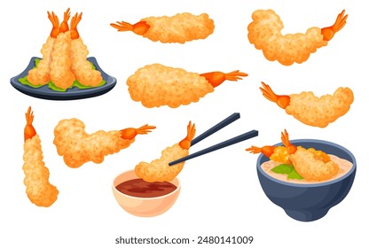 Tempura. Japanese fried food, fries prawn seafood snack shrimp in breading with pepper vegetable japan appetizers tampura lunch dishes cookery set, cartoon neat vector illustration