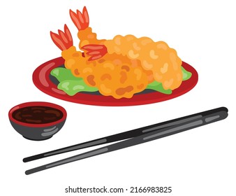 Tempura Japanese fried shrimp on plate and soy souse. Hand drawn vector illustration. Suitable for website, stickers, menu.