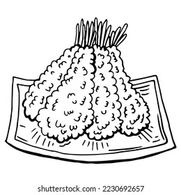 Tempura Japanese fried shrimp on plate. Hand drawn vector illustration. Suitable for website, stickers, menu.