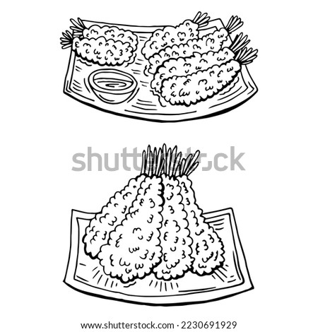 Tempura Japanese fried shrimp on plate and soy souse. Hand drawn vector illustration. Suitable for website, stickers, menu.