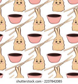 Tempura kawaii sin fisuras. Camarón frito con salsa de soja. Personajes de comida asiática. Fondo para la ilustración vectorial de diseño. Imprimir para papel, papel, embalaje, papel pintado